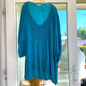 AVENUE TEAL TURQUOISE V-NECK PEASANT BLOUSE CRINKLE TOP PUFFED SLEEVES S…